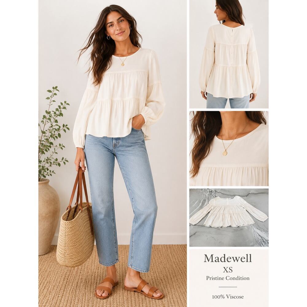 Madewell Cream Tiered Peasant Blouse XS Boho Cottagecore Balloon Sleeve Pristine